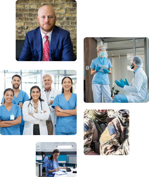 Collage of nurses, the CEO, and the military