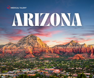 Aerial drone view of Sedona, Arizona, featuring the stunning natural mountain range and vibrant red rock formations. The word 'Arizona' is displayed at the top, highlighted in a blog from Medical Talent about lucrative top spring travel nursing assignments in Arizona, ideal for nurses seeking rewarding opportunities in a scenic, nature-filled location.