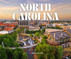 Aerial drone view of Greenville, North Carolina, showcasing a charming small natural waterfall surrounded by lush greenery. The word 'North Carolina' is displayed at the top, featured in a blog from Medical Talent about top spring travel nursing assignments in North Carolina, offering scenic and rewarding opportunities for travel nurses.