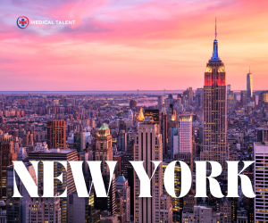 Aerial drone view of New York City, showcasing the iconic skyline and bustling cityscape. The word 'New York' is displayed at the top, featured in a blog from Medical Talent about lucrative top spring travel nursing assignments in New York, offering travel nurses exciting career opportunities in the heart of a vibrant urban environment.