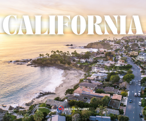Aerial drone view of a beautiful California beach with beachfront houses and clear blue water. The word 'California' is displayed at the top, featured in a blog from Medical Talent about top spring travel RN assignments in California, ideal for nurses looking for coastal adventures and job opportunities.