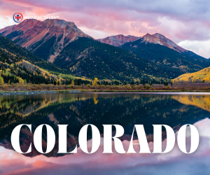 Breathtaking Colorado sunset over the mountains with a peaceful lake in the foreground. The word 'Colorado' is prominently displayed at the top, highlighting top spring travel RN assignments in Colorado. Perfect for travel nurses seeking scenic opportunities in the Rocky Mountains, featured in a blog from Medical Talent.