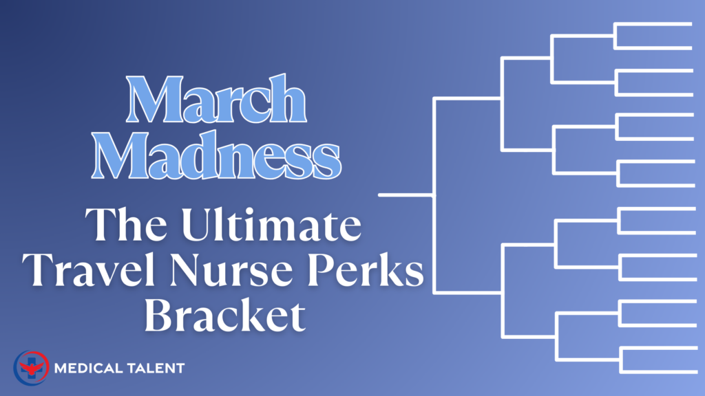 Blue gradient blog featured image - basketball bracket with march madness the ultimate travel nurse perks bracket with Medical talent logo
