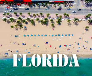 Aerial drone view of a Florida beach with chairs set up along the shoreline, capturing the vibrant coastal scene. The word 'Florida' is displayed at the top, linking to a blog from Medical Talent about top spring travel RN assignments in Florida, perfect for nurses seeking coastal opportunities and adventure.