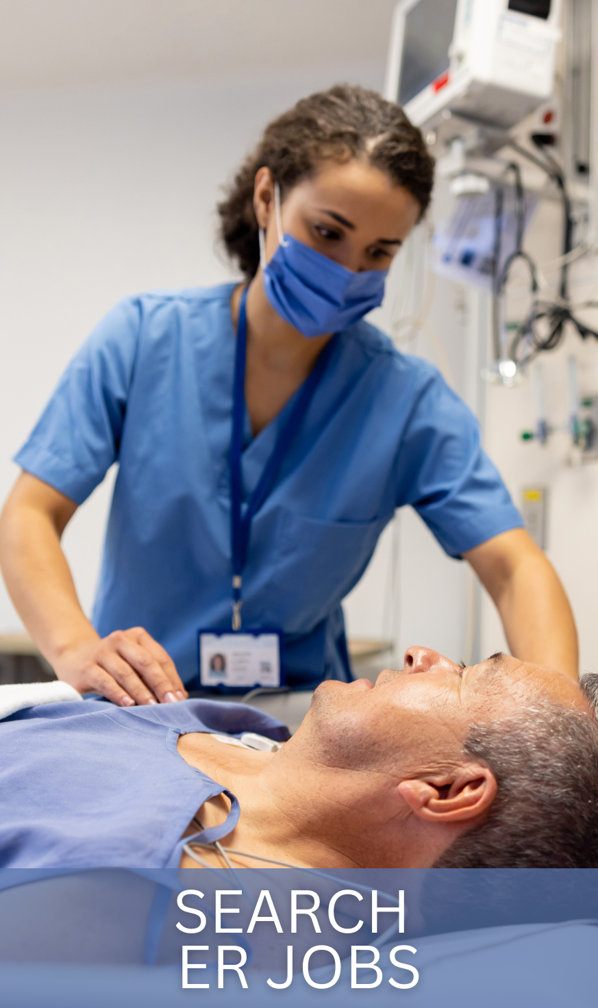 ER nurse in light blue scrubs responding to an emergency situation with a trauma team, illustrating the fast-paced, coordinated care provided in emergency departments.