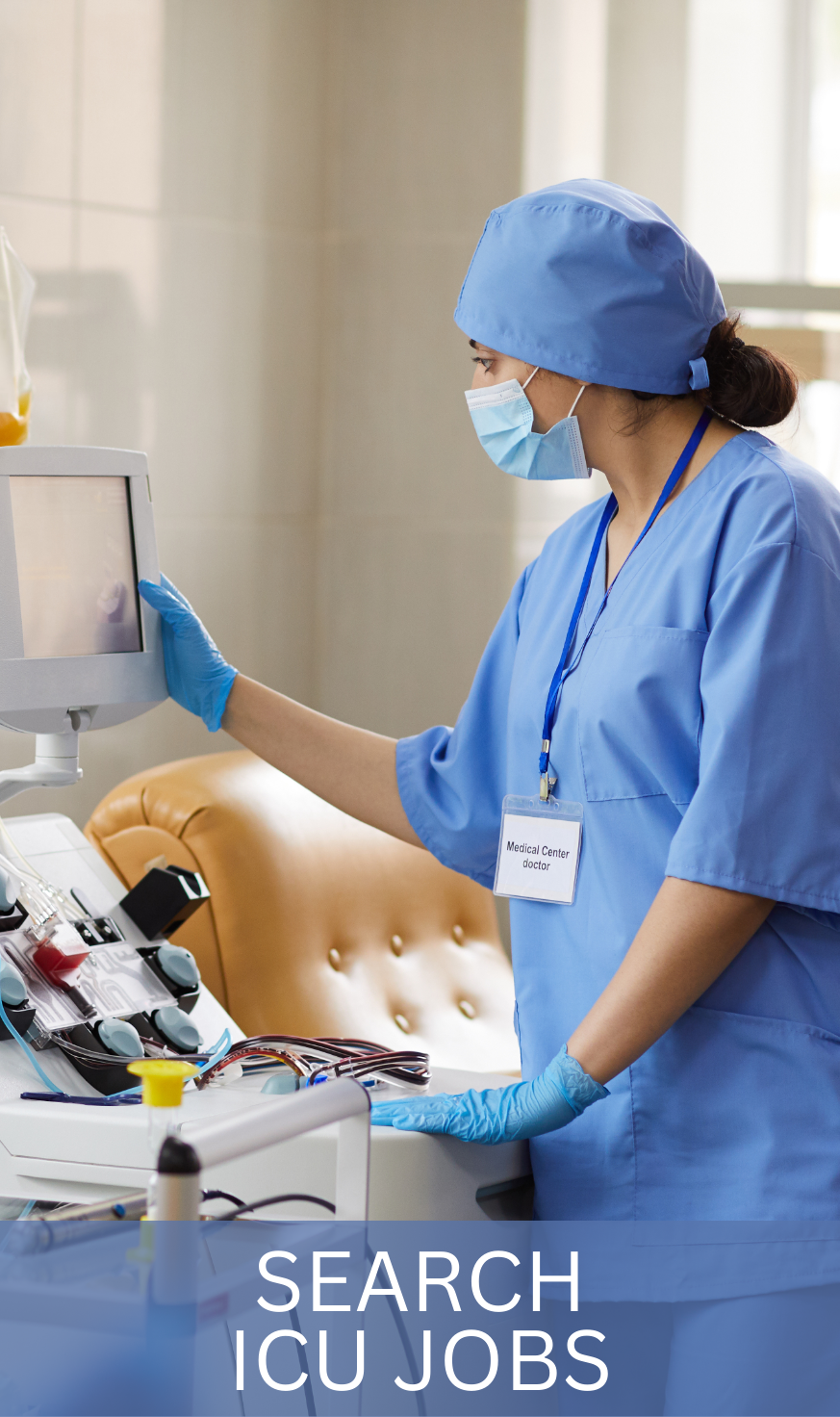 ICU (Intensive Care Unit) nurse (RN) in light blue scrubs adjusting ventilator settings for a critical patient, highlighting the technical expertise intensive care specialists deliver.