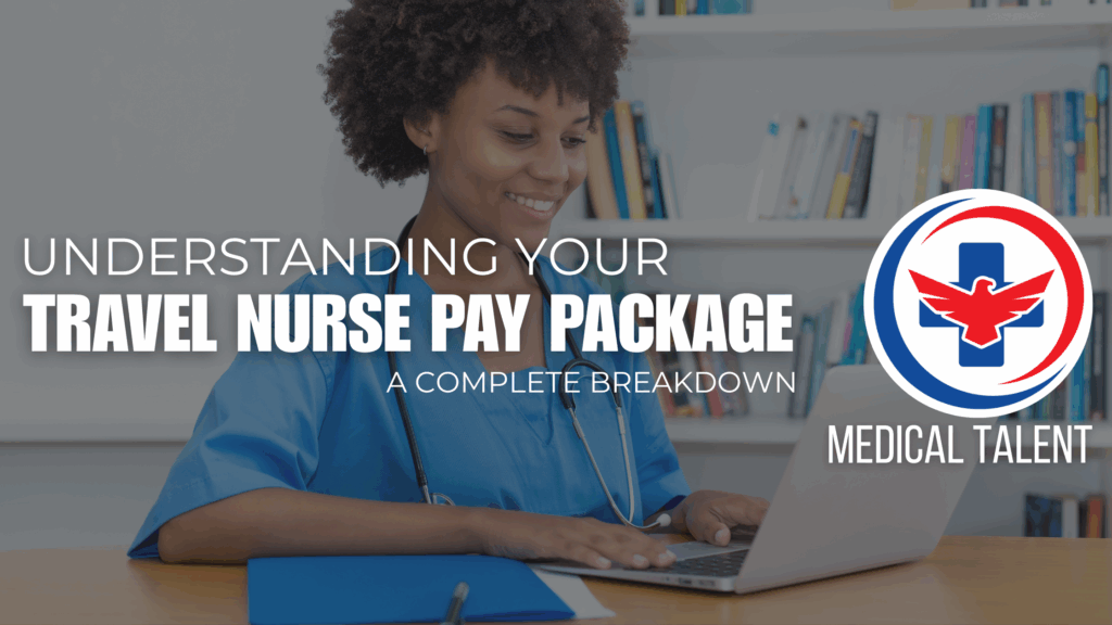 travel registered nurse (RN) female african american in blue scrubs on mac book computer for understanding travel nurse pay package: a complete breakdown including the Medical Talent logo.
