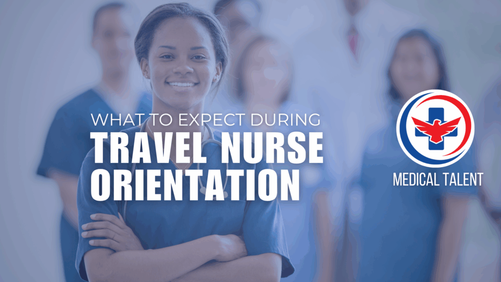 what to expect during travel nurse orientation blog post, nurse in blue scrubs with medical talent logo in a hospital facility