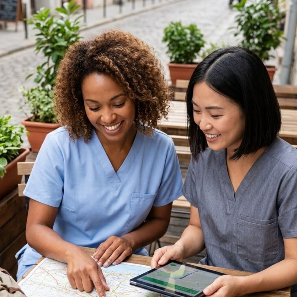 two nurses sitting at table looking at tablet