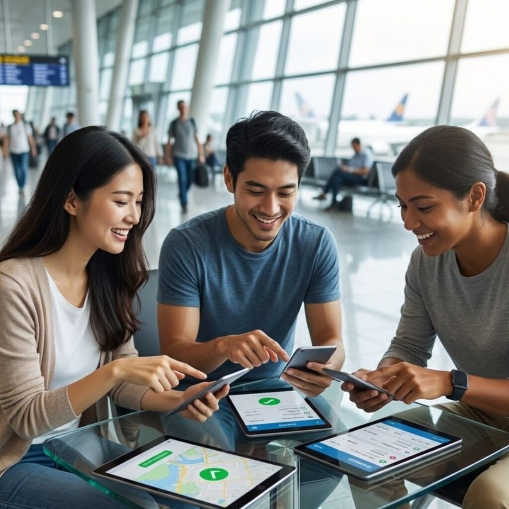 three people sitting at table at airport looking at tablets