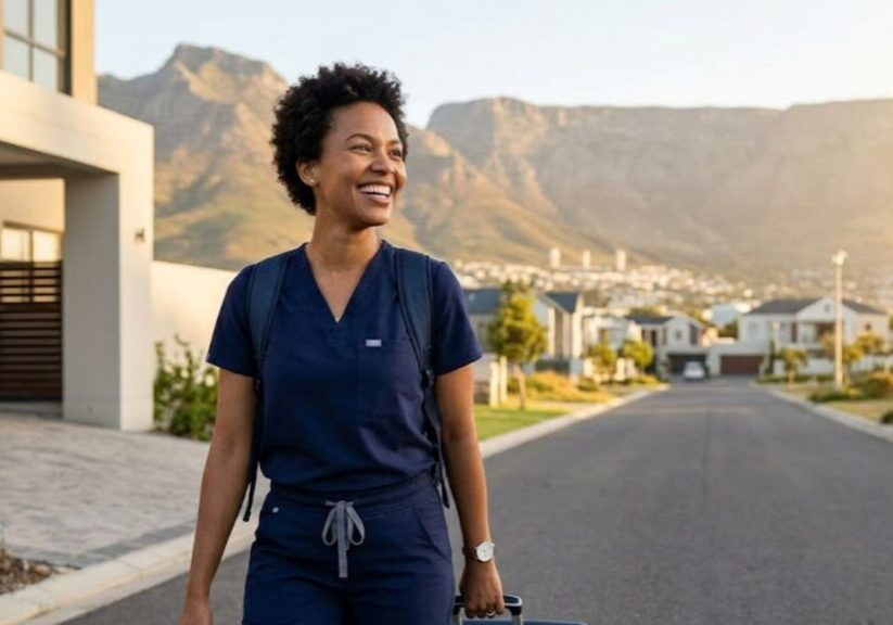 nurse walking outside