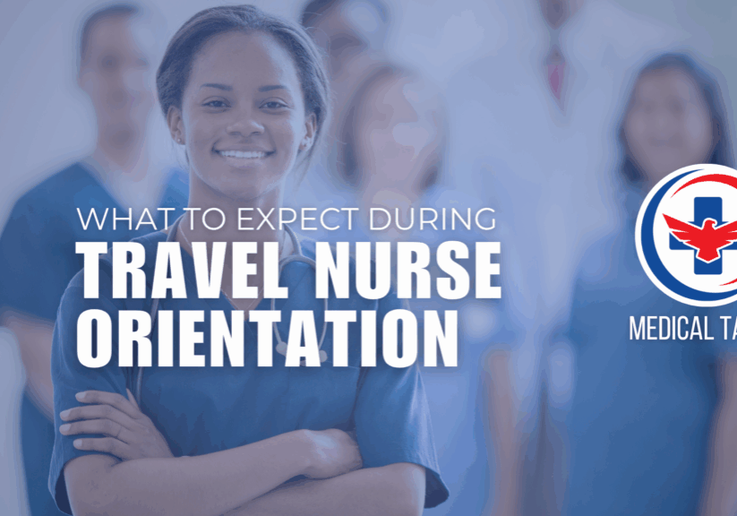 what to expect during travel nurse orientation blog post, nurse in blue scrubs with medical talent logo in a hospital facility